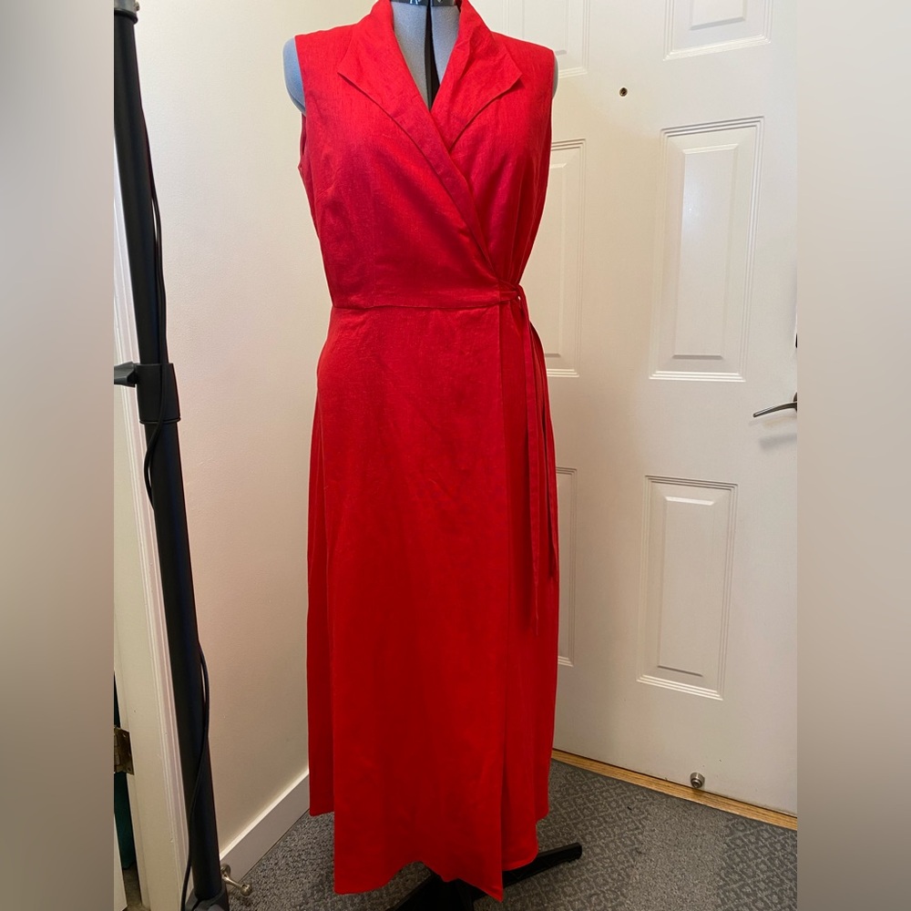 Classy Red Linen Blend Ultra Dress sleeveless Fit & Flare Wrap Maxi Dress 14